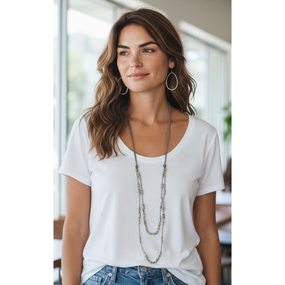 Boho Beaded Layered Necklace & Hoop Earrings Set‎ Gray Silver Gold Accent